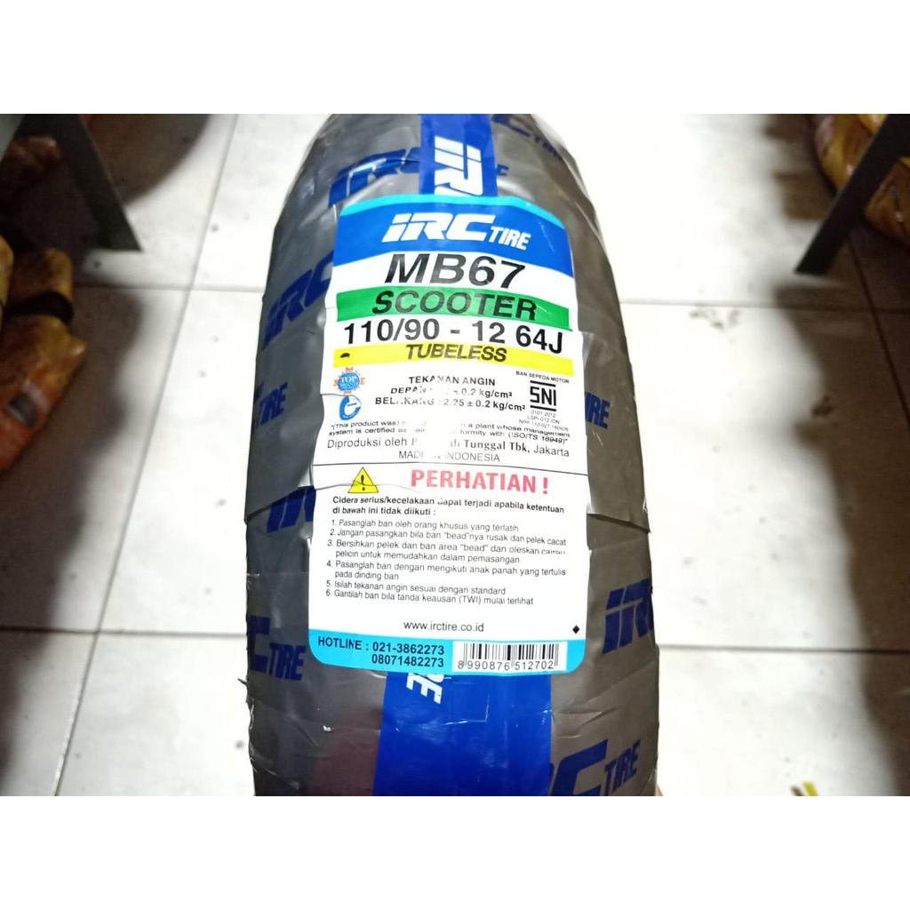 BAN MOTOR BAN LUAR IRC MB67 110 90 RING 12 IRC MB67 TUBELESS
