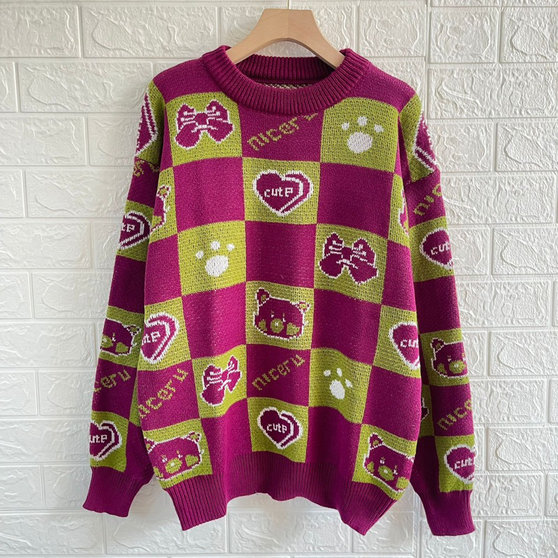 ISNIM SWEATER RAJUT OVERSIZE MOTIF CUTELOVE ATASAN LENGAN PANJANG WANITA