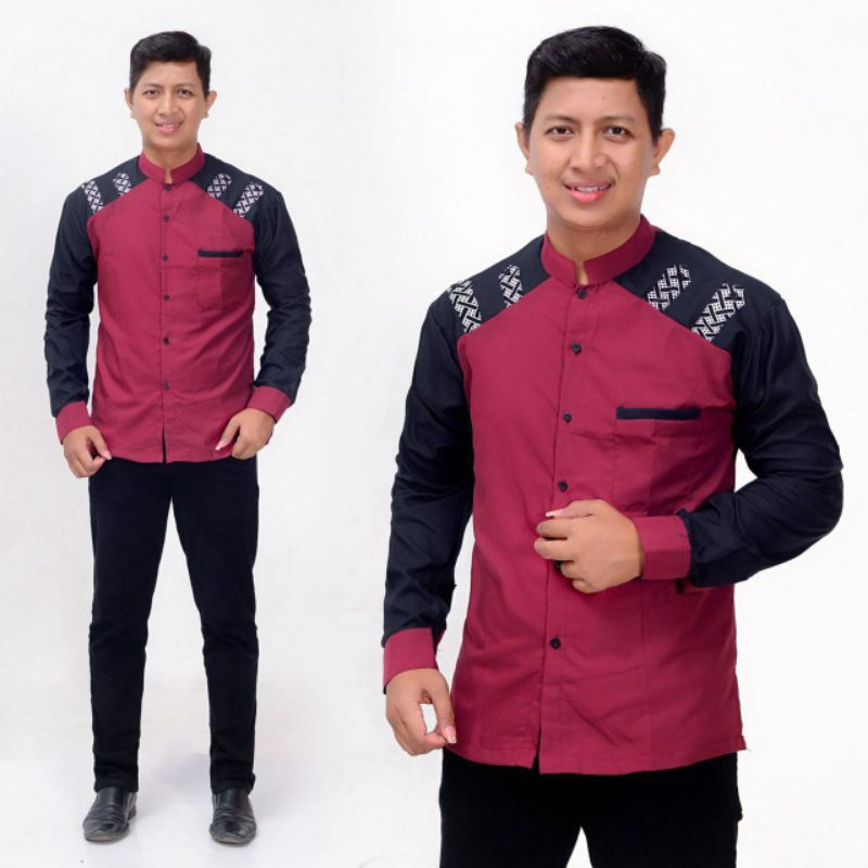 BAJU KOKO PRIA BORDIR KOMBINASI KEMEJA BATIK PRIA POLOS WARNA MERAH MARUN LENGAN PANJANG