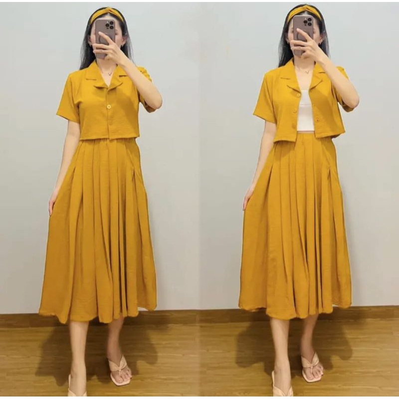 04569 MADIECA BUTTON COLLAR AIRFLOW LONG SKIRT SET ROK,