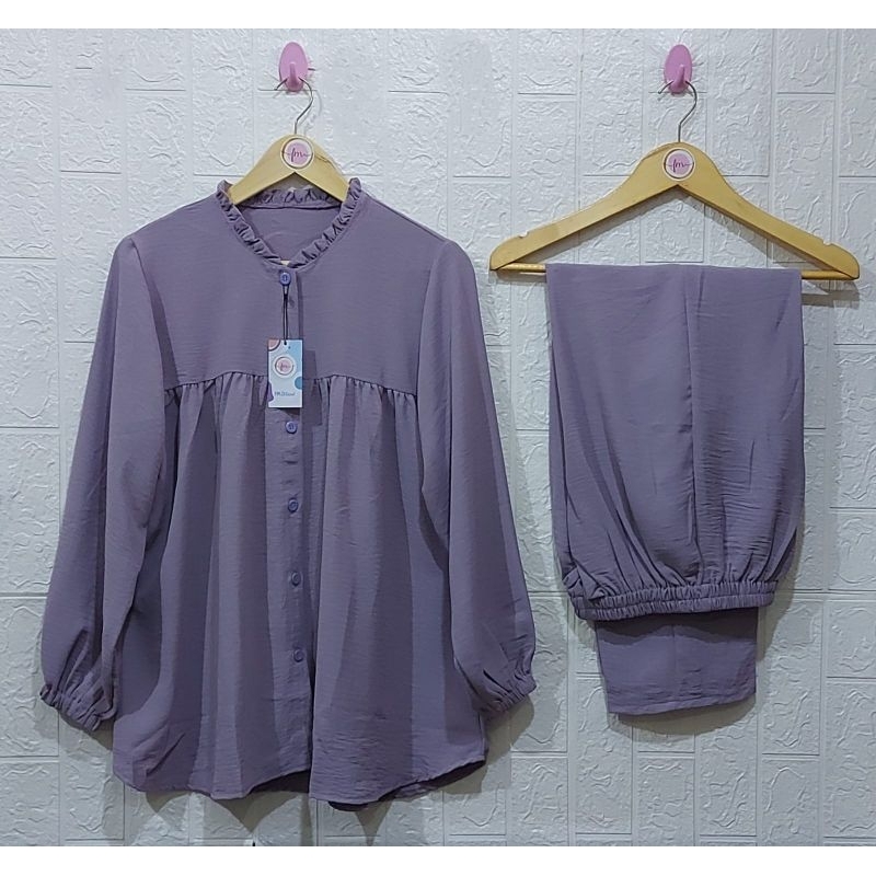 ONE SET RAYON CRINKLE AIRFLOW SETELAN // SETELAN RAYON CRINKLE AIRFLOW// DRESS RAYON // SETELAN RAYON  //BUSUI FRIENDLY//PIYAMA//PREMIUM//HOMEY//BUSUI-Lavender Muda