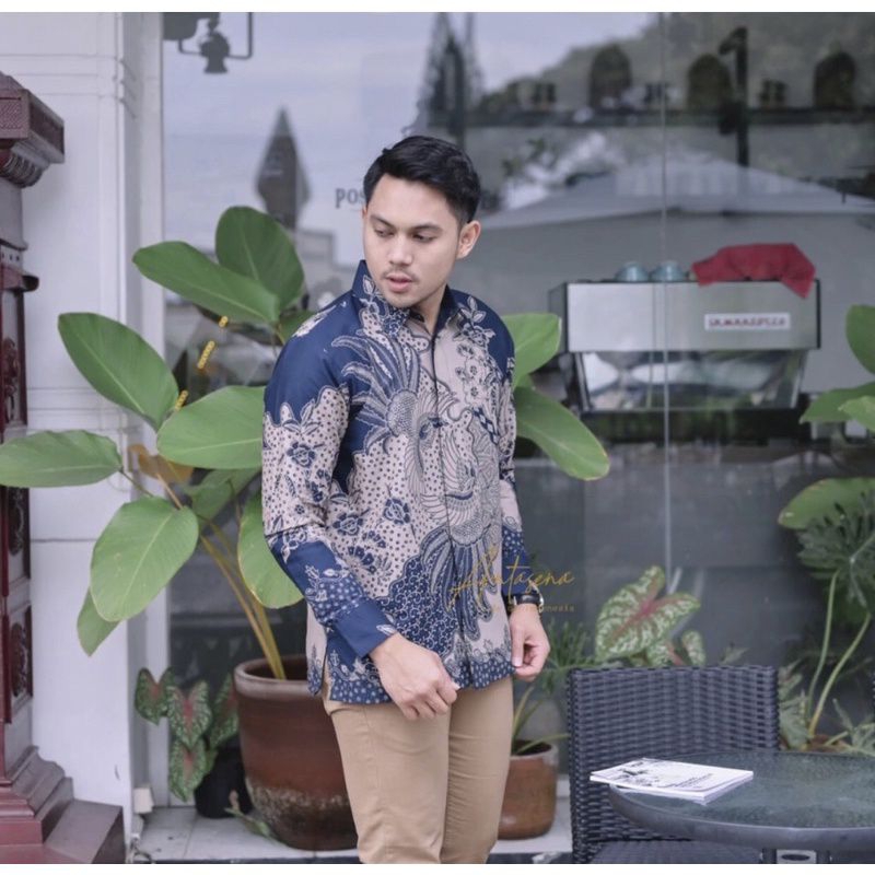 Kemeja batik tanian biru abu pria lengan panjang muda remaja