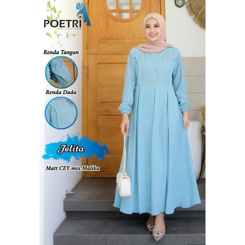 Gamis Crinkle Airflow Mix Brukat Malika Resleting Depan Ori Poetri Collection