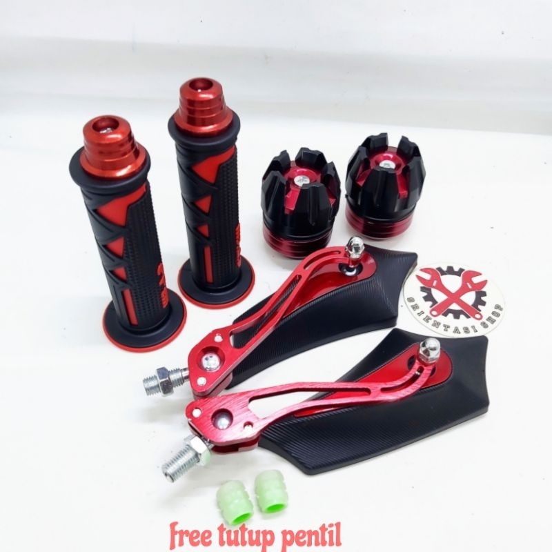 (Promo paket hemat) handgrip segitiga + jalu stang + spion batman + jalu as + free tutup pentil glow ini the dark universal motor honda dan yamaha