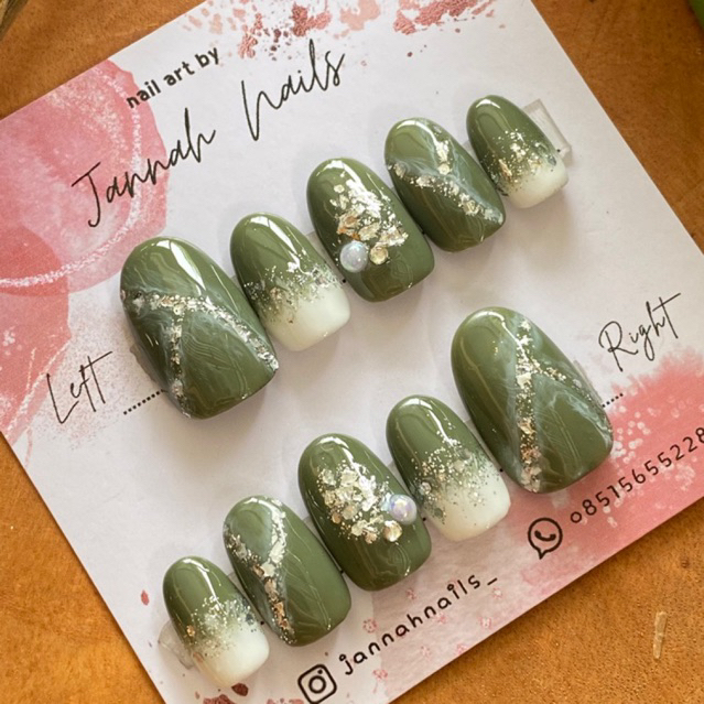 Nail Art Sage Green/ Nail art custom/ Fake Nails/ Kuku palsu aceh/ kuku palsu wedding