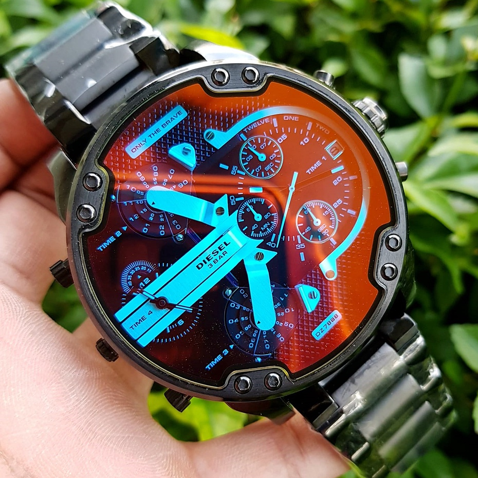 Jam Tangan Pria Big Size DL DZ7888 Mr. Da**y 2.0 4Time Chronograph Black Red Reflective Steel