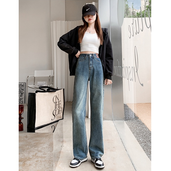 Biru retro Highwaist Straight Loose Celana Jeans Wanita Fashionable (realpict)