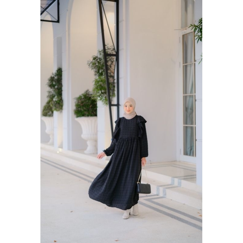 DRESS ATALIA Gamis Busana Muslimah Busui Lebaran Cantik Terbaru Black Mustard Lilac Ruffle