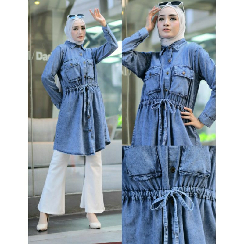 Mona Jeans Tunik, TUNIK JEANS WANITA CANTIK MODIS FIT XXL LD 110 BAHAN JEANS WASH IMPORT KANCING AKTIF TERMURAH OOTD KEKINIAN TERLARIS