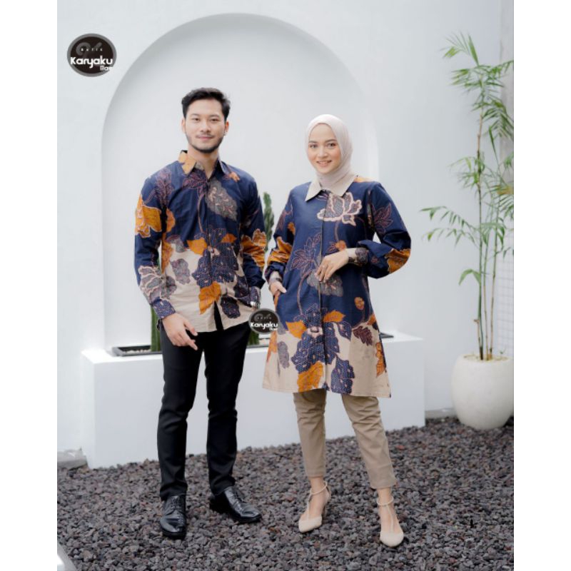 COUPLE TUNIK KEMEJA MAWAR BIRU BATIK COUPLE MODERN BATIK TRENDING INTERNATIONAL COUPLE