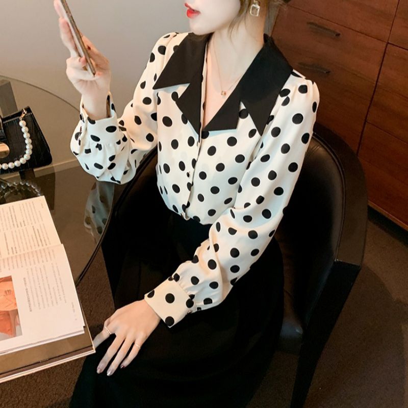 2160 Baju atasan kemeja blouse POLKADOT NOTCHED COLLAR lengan panjang vneck polka Korea Korean style