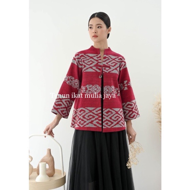 blouse blazer atasan wanita kerja batik tenun original motif merah paruki