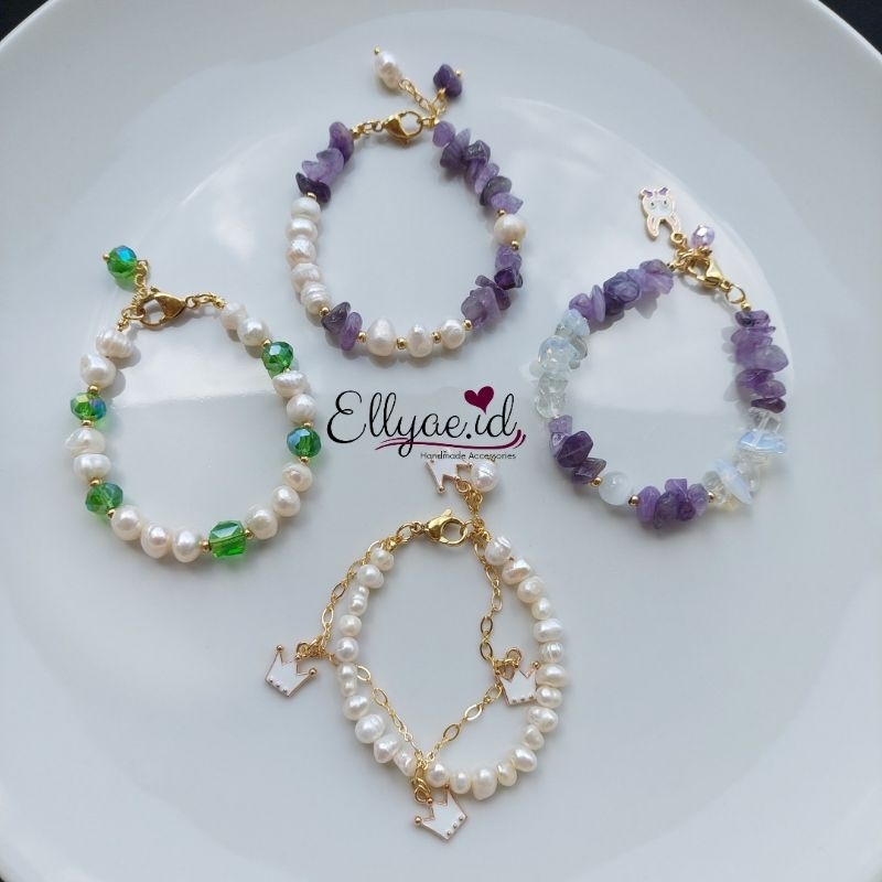 GELANG MUTIARA AIR TAWAR ASLI | BATU ALAM | KRISTAL | STAINLEES STEEL & LAPIS EMAS 18K | ANTI KARAT