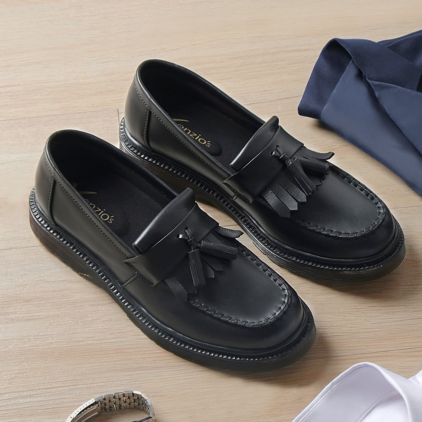 Gates Black Solid (Kulit Asli) - Sepatu Loafers Pria Casual Kulit Asli Formal Slip On Kerja Kuliah Loafer Kasual Original