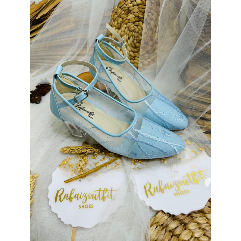 sepatu cantik vinie babyblue 7cm kaca