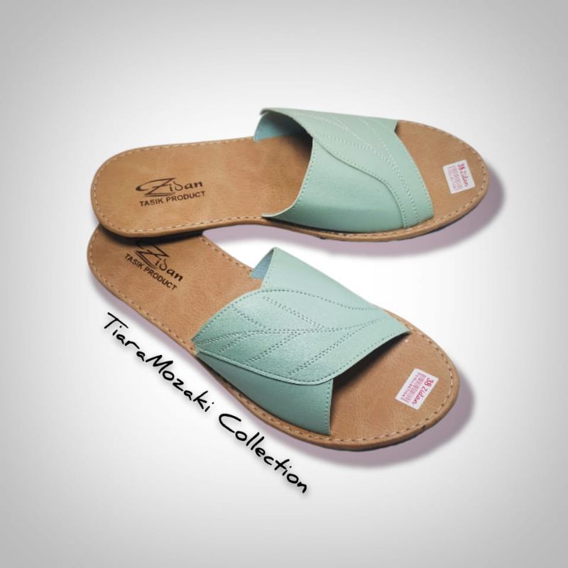 Sandal Kulit Wanita Papirut Sendal Slop Slide Flat Nonslip Motif Daun