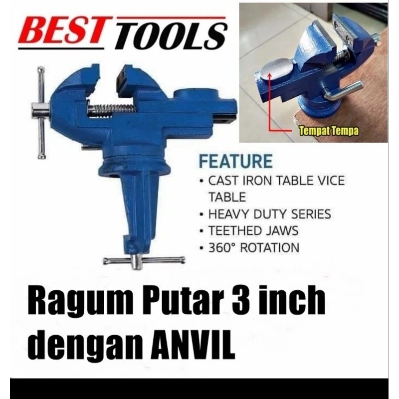 Ragum Putar 3 With Anvil Catok Meja Putar Tanggem Penjepit Meja 3 inch Heavy Duty Alat Jepit Meja Mi