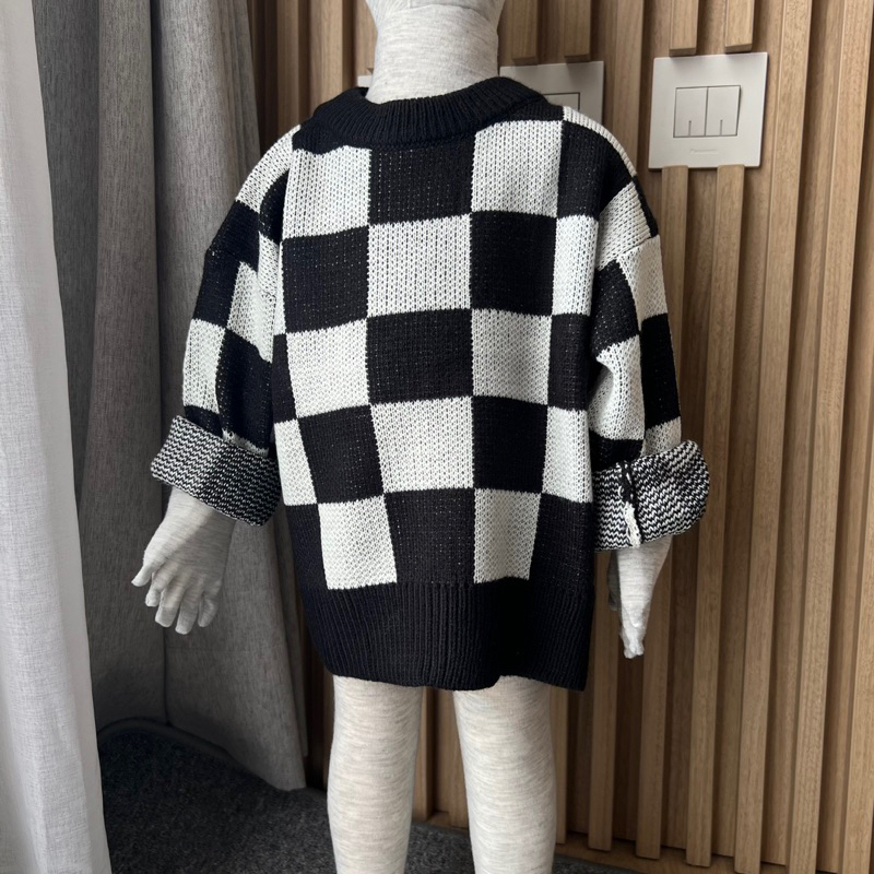 chessboard knit sweater couple mom and kids