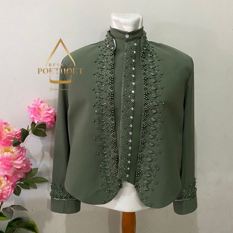 beskap pengantin Jawa pria Solo hewes krowok hijau Sage green tua payet bahan premium matte tidak me