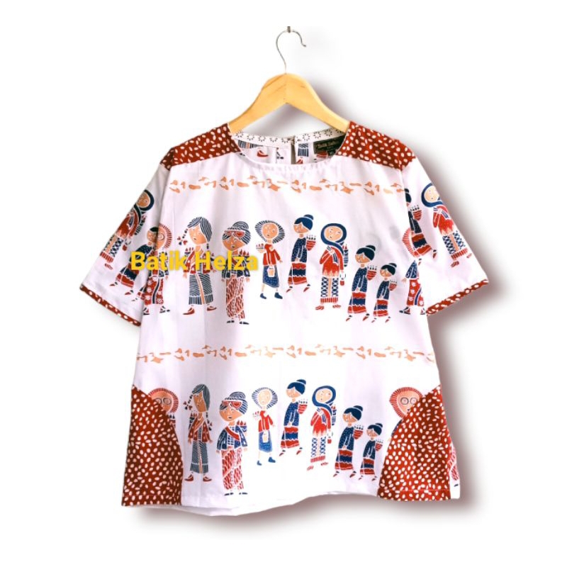 blus batik wanita  motif karakter warna putih bahan katun size S-XXXL