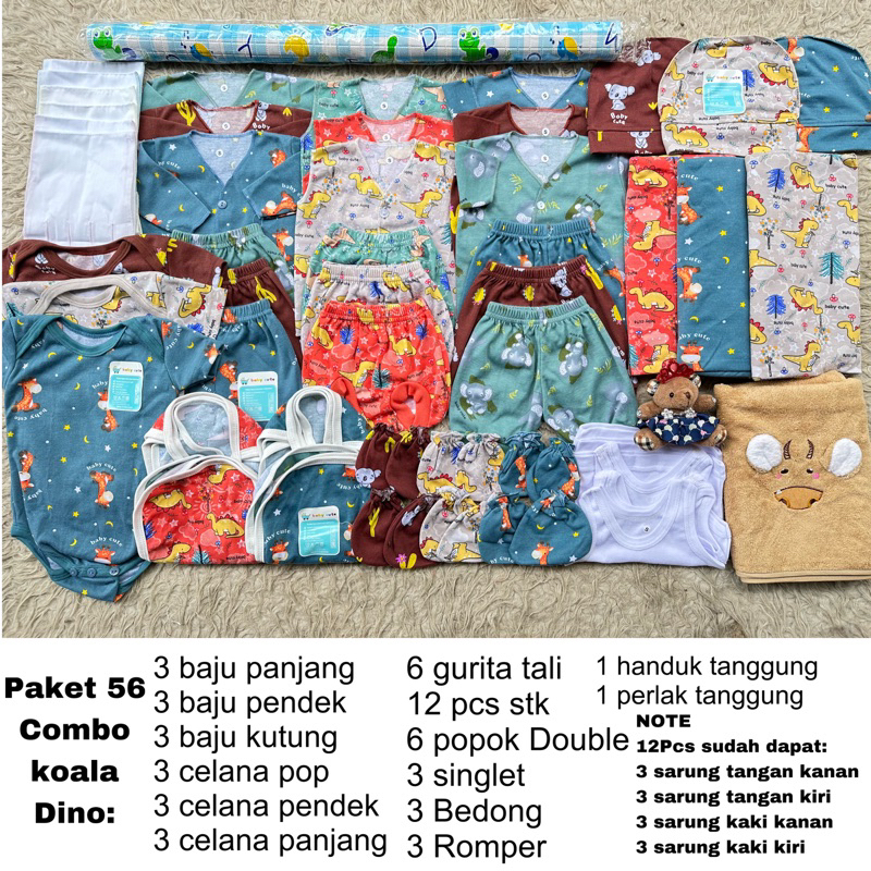 56pc Paket lahiran komplit perlengkapan Baju Bayi celana bayi kado Combo Mix Koala Dino Jumper handuk newborn SNI Promo 8.8