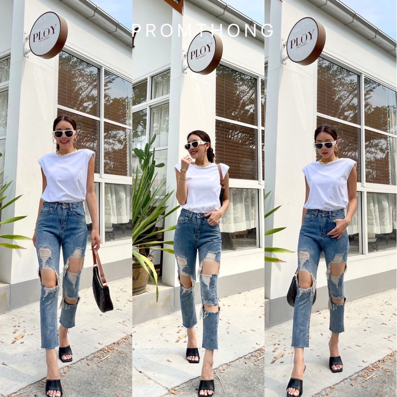 CELANA JEANS PROMTHONG 9501 DENIM RIPPED JEANS HIGHWAIST PROMTHONG IMPORT BANGKOK (CLPMT9501)