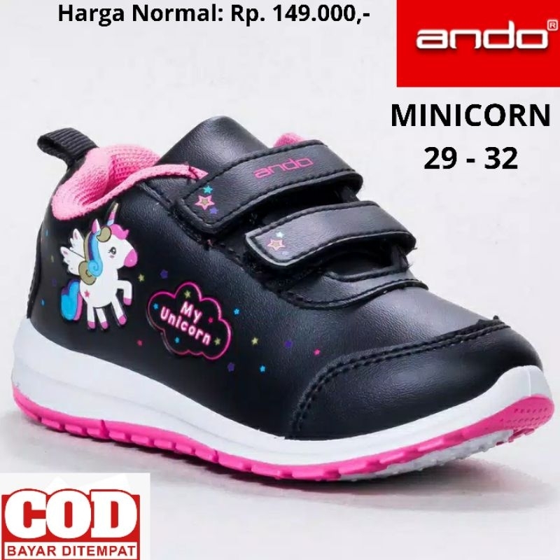 SEPATU SEKOLAH ANAK PEREMPUAN ANDO MINICORN ELINA MERMAID MIAW HITAM PINK PEREKAT KARAKTER PAUD TK SD ORIGINAL