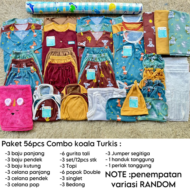 56pcs Paket Komplit Combo Koala Turkis Perlengkapan Baju dan celana Bayi  singlet bedong gurita popok handuk jumper  perlak Baru lahir, 3-6 dan 6-12 bulan  SNI promo 8.8