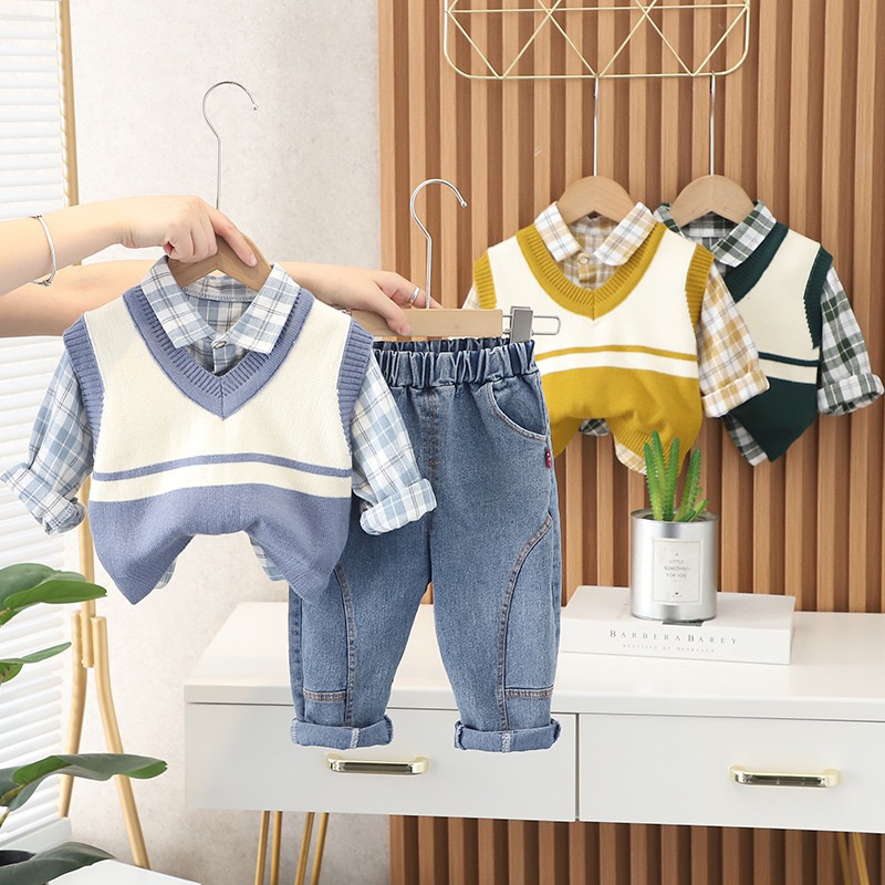 Baju Setelan Anak Laki Laki Cowok 1 2 3  Tahun  3 IN 1 ( Kemeja, Celana Panjang , Rompi/ Vest ) / Baju Lebaran Anak / Baju Jalan Anak / Baju Casual Anak Import Quality/ Sandal Anak / Sepatu Anak / Jaket Sweater Anak