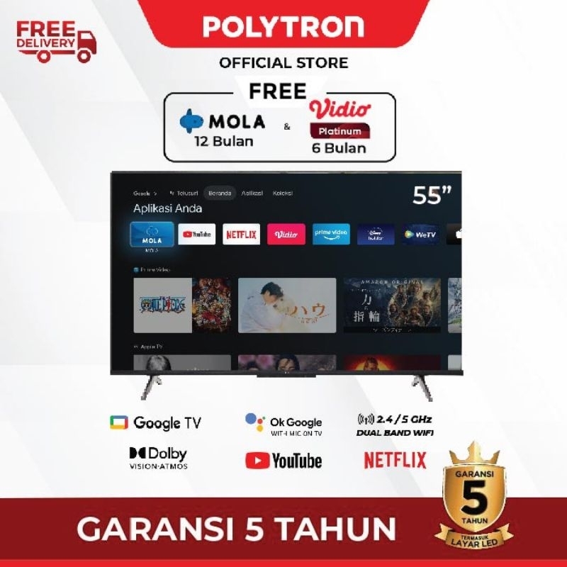 LED GOOGLE TV POLYTRON 4K UHD SMART ANDROID PLD 55UG5959 GARANSI 5 TAHUN