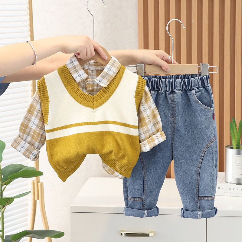 Baju Setelan Anak Laki Laki Cowok 1 2 3  Tahun  3 IN 1 ( Kemeja, Celana Panjang , Rompi/ Vest ) / Baju Lebaran Anak / Baju Jalan Anak / Baju Casual Anak Import Quality/ Sandal Anak / Sepatu Anak / Jaket Sweater Anak