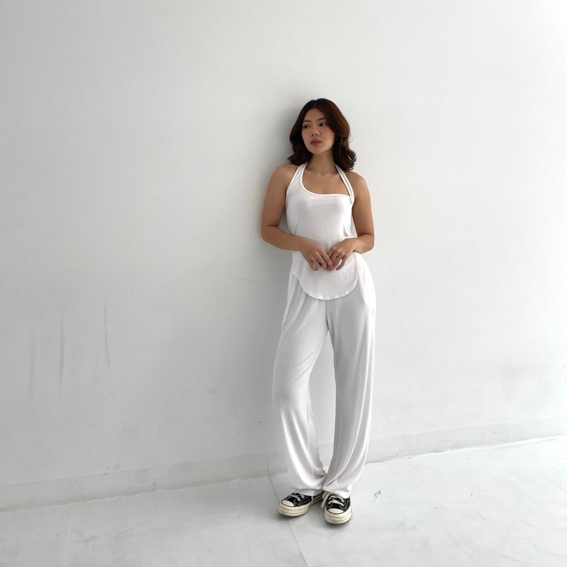 RIO SET | Setelan Wanita Assymetric Ribbed Knit Set Tanktop Assymetric Celana Panjang Highwaist Highwaisted Pants Aesthetic Rib Set Summer