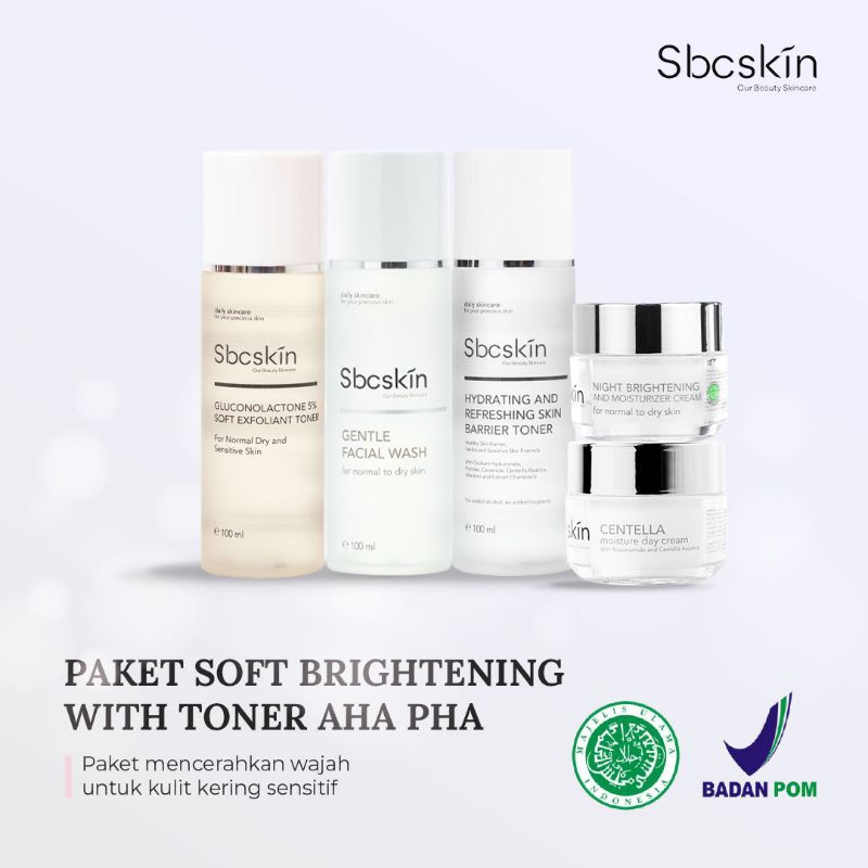 Sbcskin Paket Soft Brightening (DC, Facial Wash, Hydrating Toner, Toner Eksfoliasi, Night Cream)