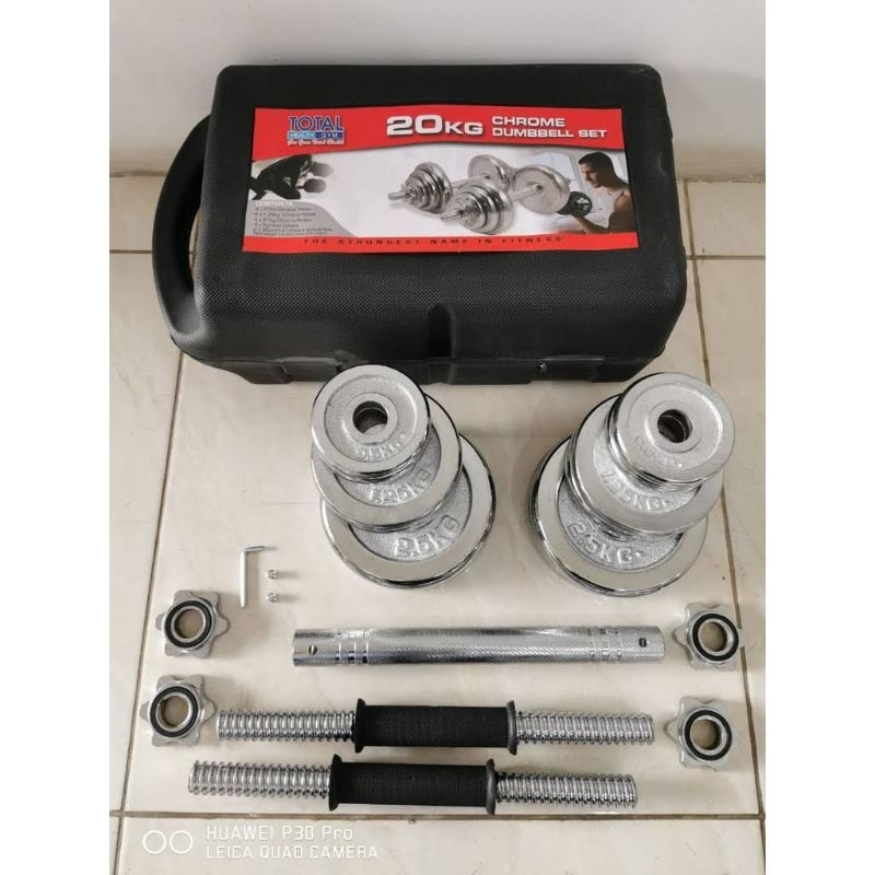 Dumbell set 20kg chrom full besi box. Barbel 20kg