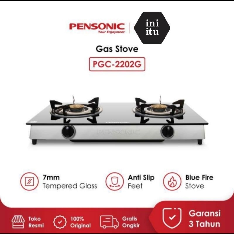 [ Pensonic ] Kompor Gas Kaca 2 tungku Tempered Glass Pensonic PGC-2022  - Tebal Kaca 8 mm