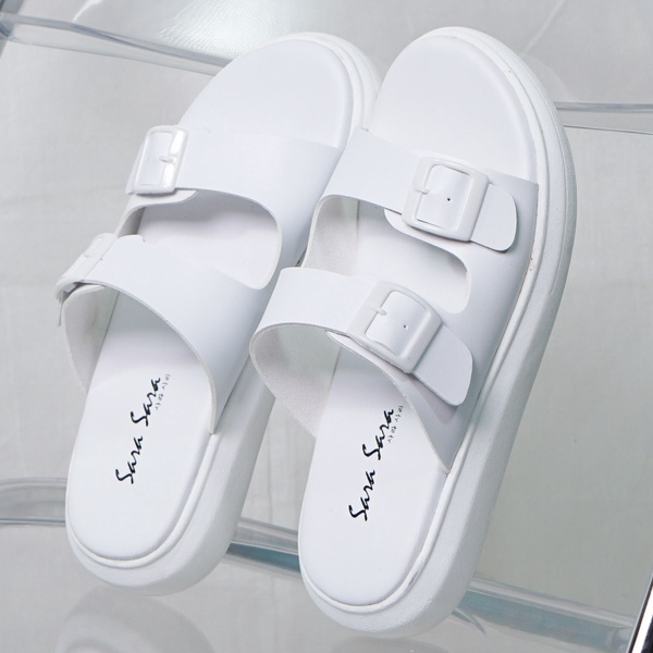 SARASARA YUK - JOI Sandal Wanita Wedges Birken Tinggi 3cm Size 36 - 40 Casual Sendal Cewek Platform Gesper 37 38 39 untuk Jalan Pergi Santai Slop Warna Putih White Selop Premium Original Sara Sara Kekinian Terbaru Shoes ORI Mall Official Store