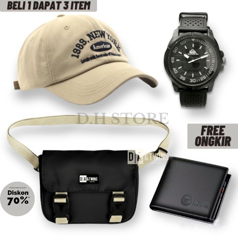 New Arival 4 in 1,Tas Salempang pria,Paket Bundling 4 in 1 sling bag pria gratis jam topi dan dompet-PAKET 4 IN 1