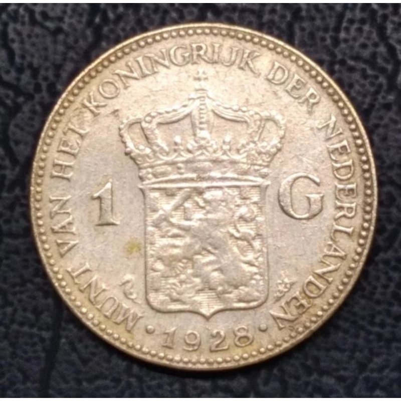 Uang Koin Kuno NEDERLANDS 1 Gulden 1928 Wilhelmina Original