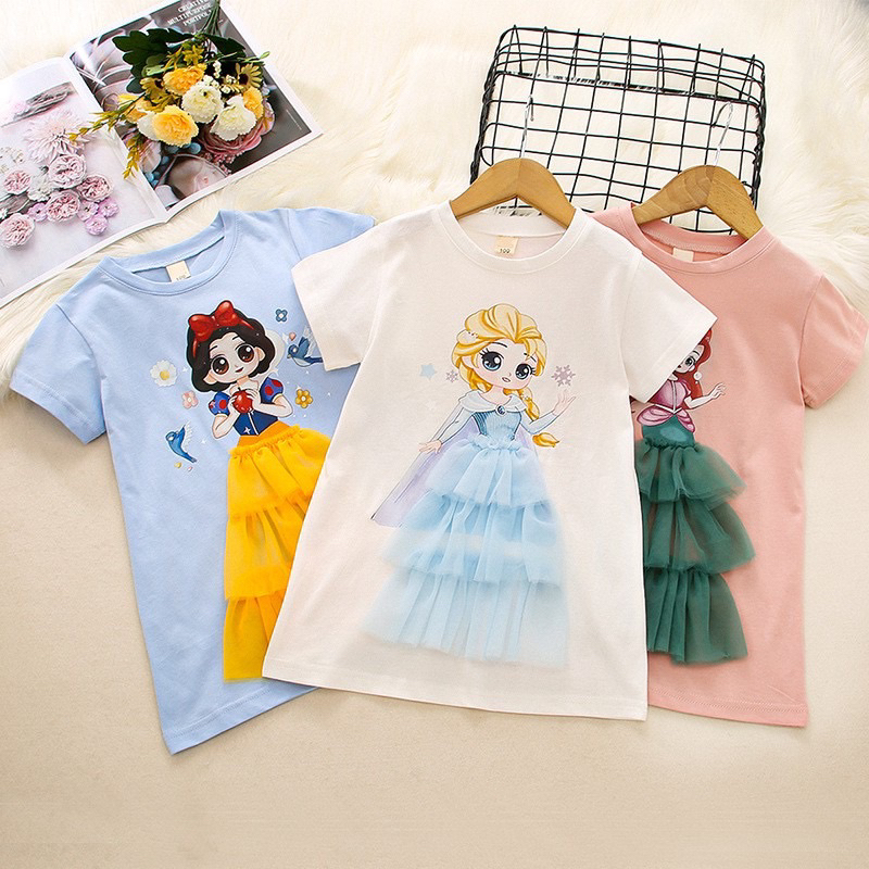 Dress Anak Perempuan Korean Look Bahan Premium Import 3D Gambar Princess Dress Lengan Pendek Anak Lucu Dress Anak Gambar Elsa Snow white Ariel Murah