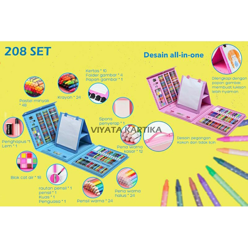 crayon set 208 pcs krayon mewarnai alat menggambar melukis anak anak