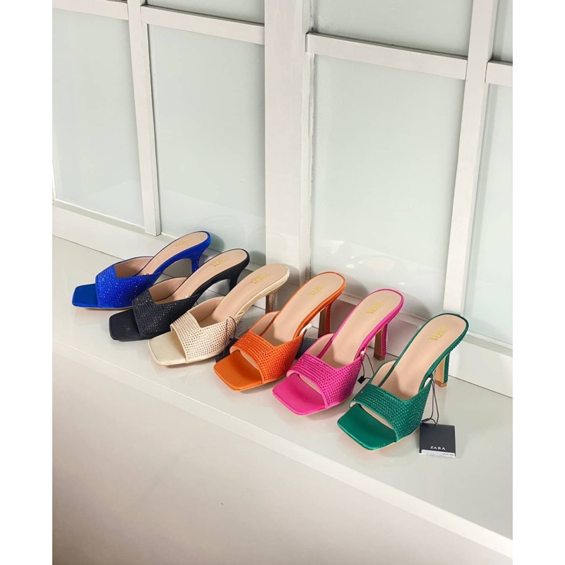 Sepatu Satin Berlian Hak Tinggi Wanita ZR High Heels 9cm Premium Import, Hitam Black Pink Fuchsia Hi