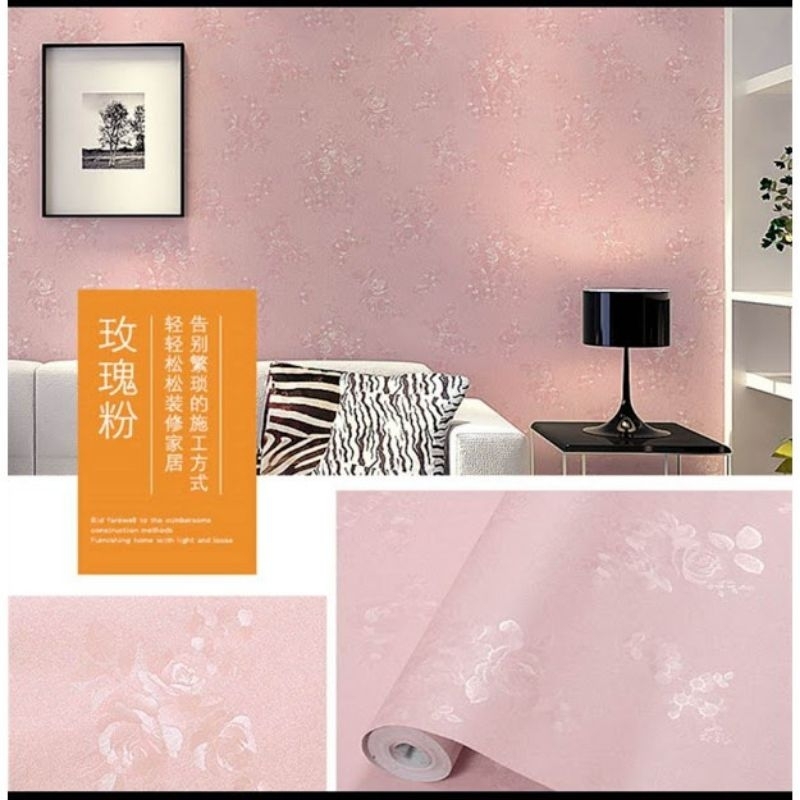 TERBAIK (COD) WALPAPER STICKER DINDING MOTIF EMBOS BUNGA PINK