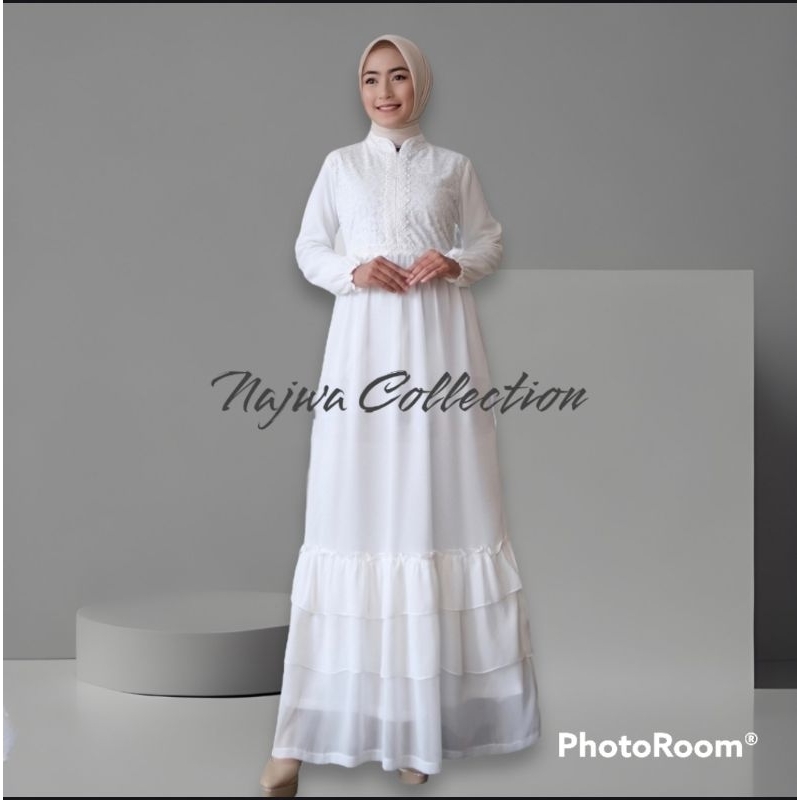 GAMIS BRUKAT LAYER CANTIK WHITE SIZE M L XL &amp; JUMBO REALPICT GAMIS IBU PUTIH