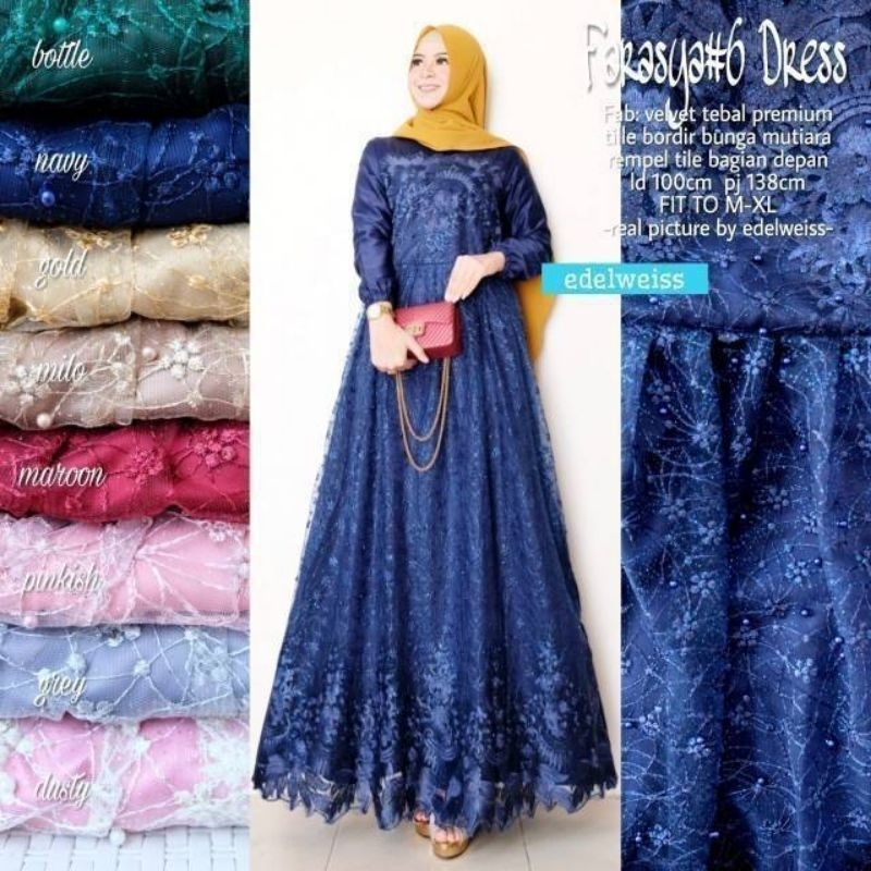 Size L XL XXL / Gamis Muslim Farasya /Maxy Brukat SELMA Tulle Premium Jumbo Murah