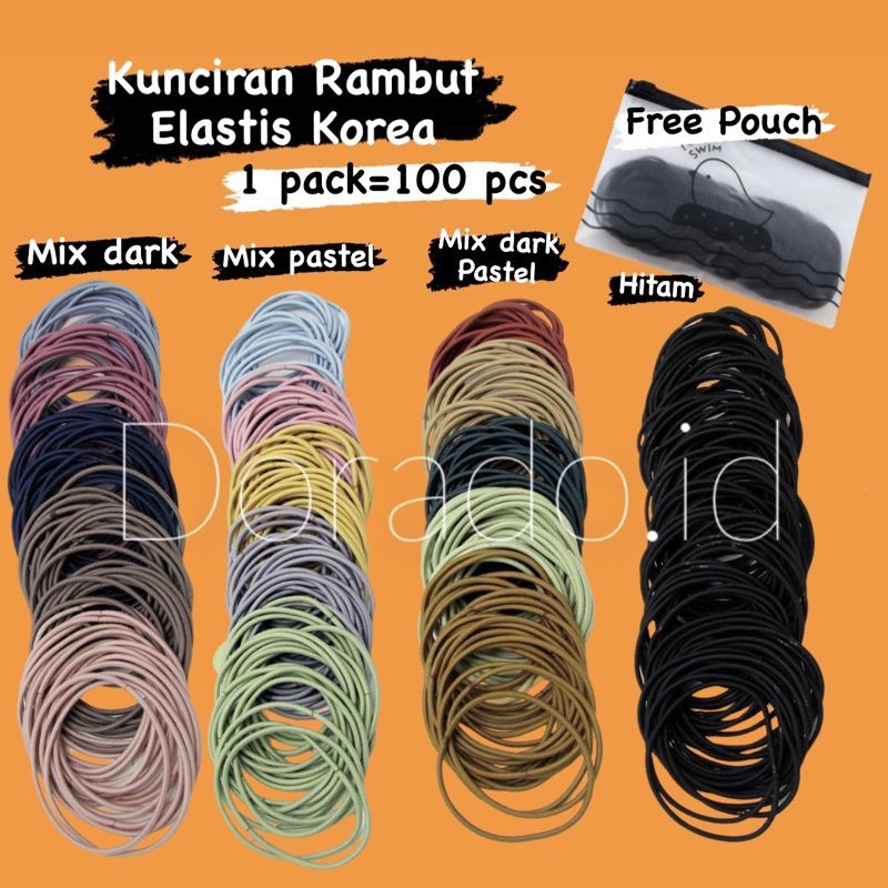 100Pcs Kunciran Rambut Korea Free Pouch isi 100 - Hitam Mix Dark Mix Pastel Murah