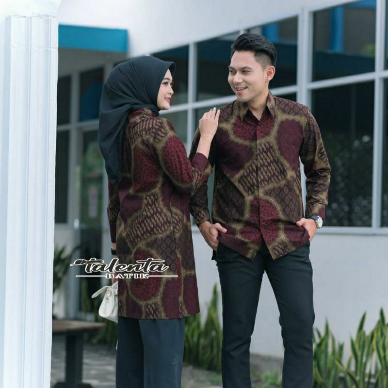 Batik couple sarimbit pria &amp; wanita batik bahan katun lapis furing size reguler sekar maron