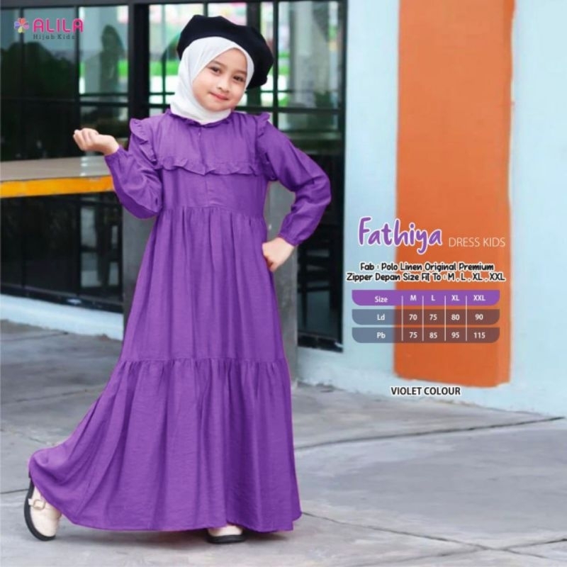 FATHIYA DRESS KIDS BAJU MUSLIM ANAK PEREMPUAN DRESS MAXI ANAK BAHAN POLO LINEN ORIGINAL PREMIUM