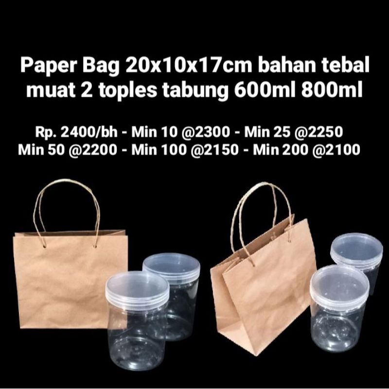 

Paper Bag Coklat 20x10cm bahan tebal muat 2 toples tabung 600ml 800ml