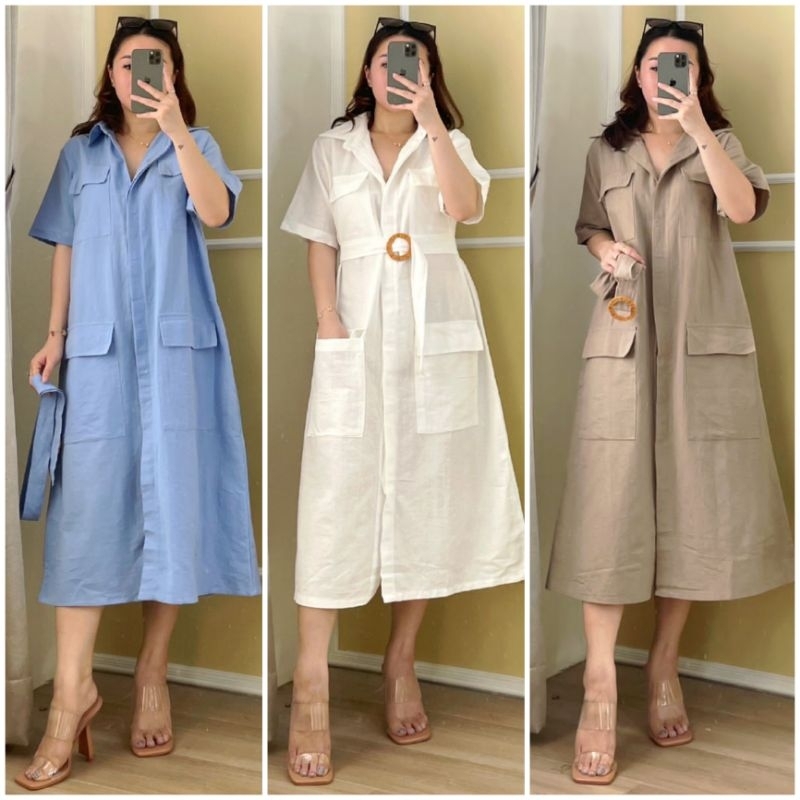 ♡ PREMIUM ♡ ORIGINAL ! CRETTY 4 POCKET LOOSE BUTTON MIDI DRESS WITH BELT ( BUSUI FRIENDLY )