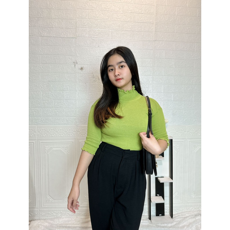 Atasan Rajut Wanita Turtleneck Kriwil - Inner Kerah Tinggi Lengan 3/4 - Rajut Turtleneck Kriwil Full Neci